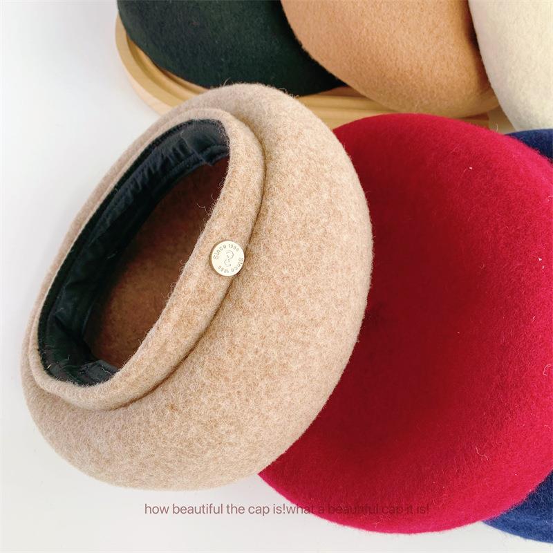 Women French Art Retro Wool Felt Beanie Beret Hat - Warm Winter Solid Colors Cap for Female