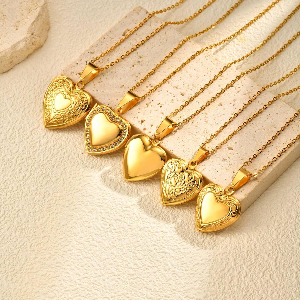 Vnox Free Custom Photo Image Necklaces, Stainless Steel Can Open Texture Heart Locket, Family Memorial Jewelry Gifts