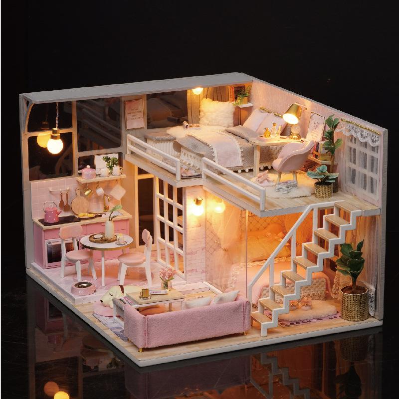 Miniature Pink Dream House Dollhouse With Furniture Kits Wooden Dolls House LED Lights Accessories