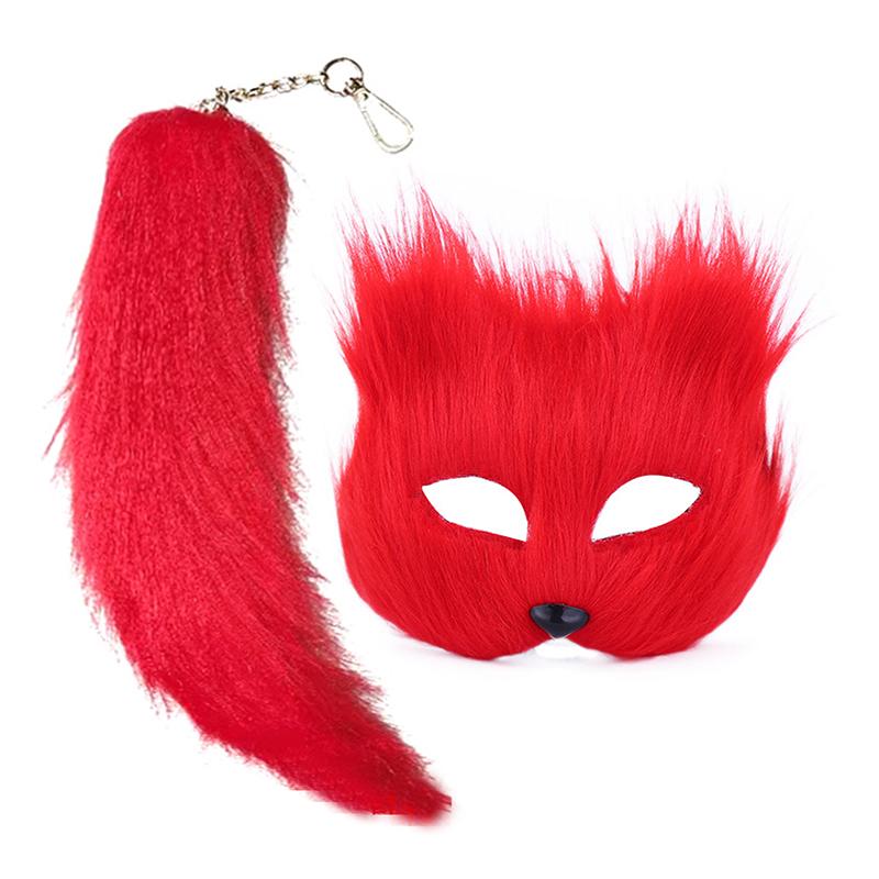 Sexy Mask And Tail Set Halloween Cosplays Costume Accessorie Cats Mask Tail Half Face Faux Furs Foxes Tail Date Night Stuff