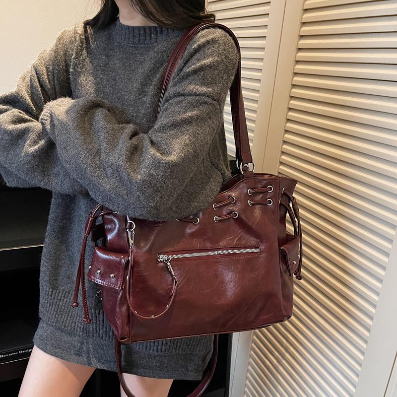 Трендовый рюкзак на шнурке, многокарманная кожаная сумка, стильная женская сумка через плечо