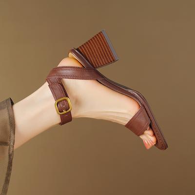 Модные летние женские сандалии с открытым носком и массивным каблуком, женская обувь из спилка, обувь для женщин в стиле ретро на высоком каблуке с металлической пряжкой, обувь больших размеров