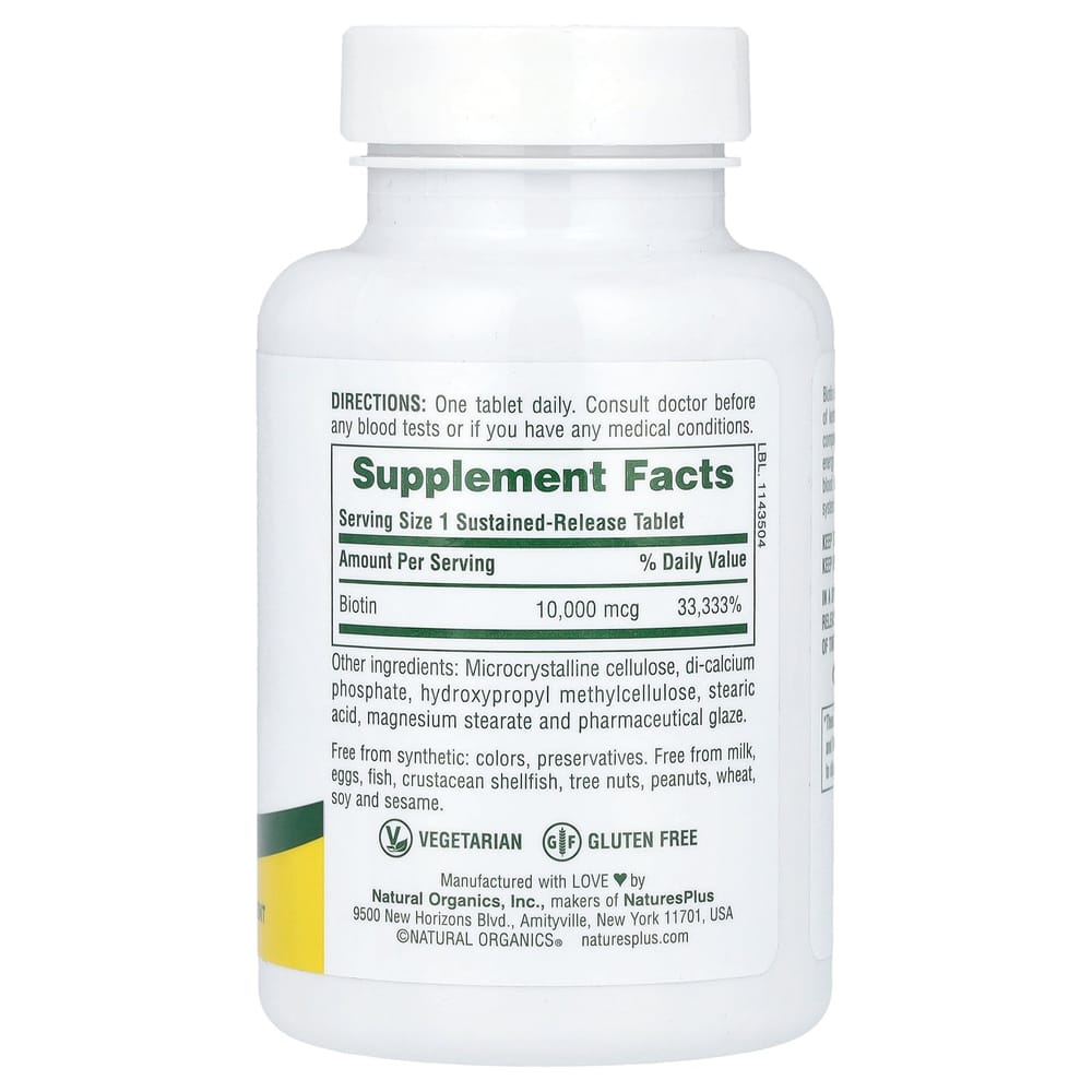 Nature's Plus Sustained Release Biotin 10000mcg, 90 Tablets