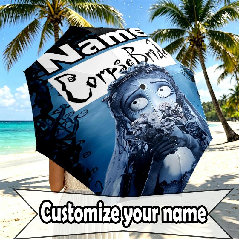 Custom Name Personalized Corpse Bride Print Umbrella, Auto Open Close, 8‑Rib Sturdy Frame, Commute Camping Hiking Use, Birthday Gift