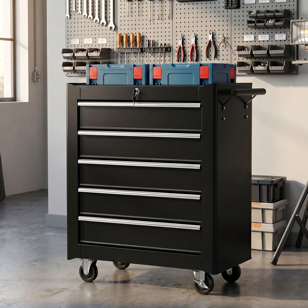 5 Drawer Tool Chest With Wheels Steel Lockable Tool Storage Cabinet With Handle 2 Keys For Garage Workshop Black