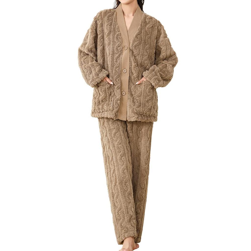 Teddy Winter Cold Loose Medium Roomwear147 Women's Loungewear, Fluffy, Weather, 2-Piece Set, Fit, Thickness, (Brown, XL)