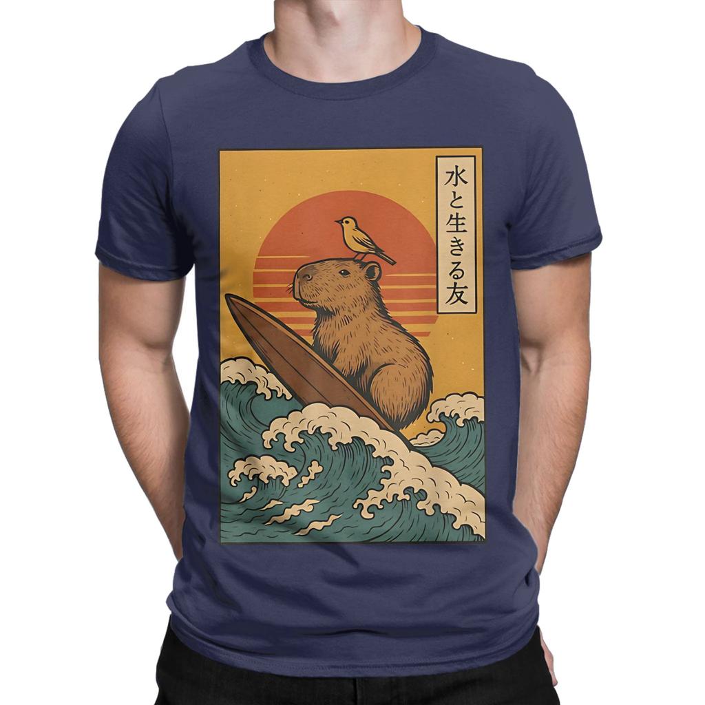 Capybara Surfing Japanese Graphic 100 Cotton TShirt capybara Tees Tops For Unisex