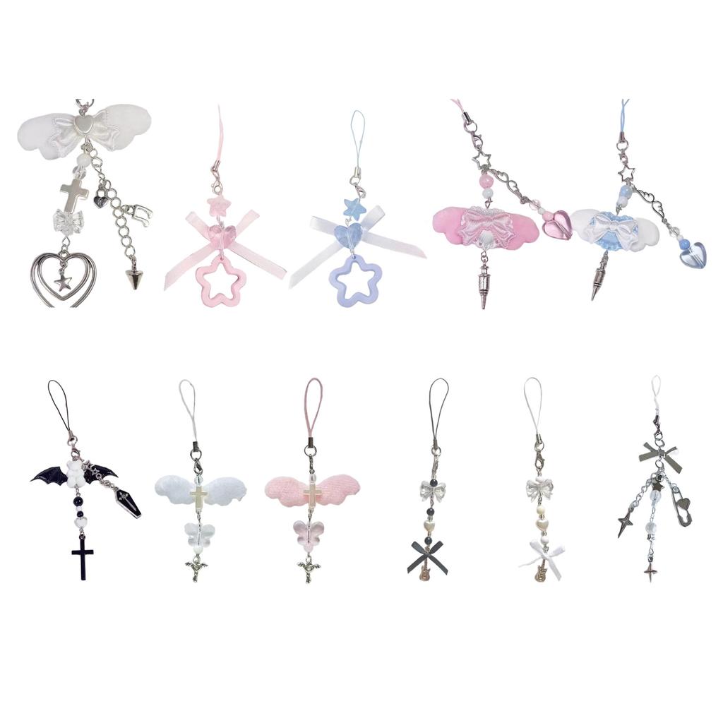 Handmade Angel Wing Phone Pendant Sweet Ribbon Bowknot Keychain Heart Beaded Phone Lanyard Acrylic Keyring Ornament