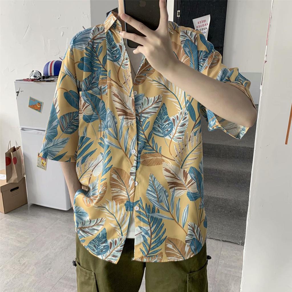 Hawaiian Men's Casual Flower Shirt Hong Kong Style Retro Beach Shirt Floral Couple Flower Shirt Short Sleeve Men