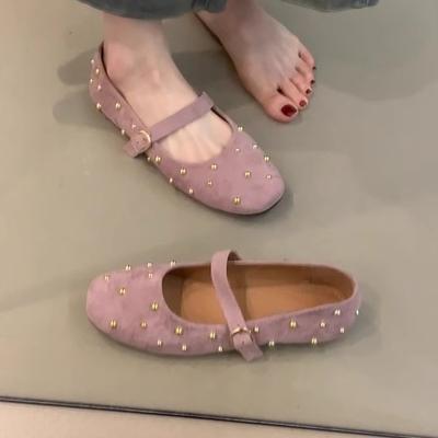 Версия из мягкой кожи~ Туфли Мэри Джейн с квадратным носком, женские, с мелким вырезом, с одинарной пряжкой-ремешком и заклепками, однотонные, с нежным характером, вечерние туфли