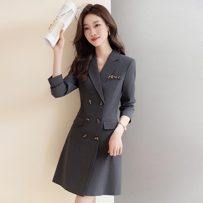 Женское двубортное серое платье-костюм - Миди, Высококлассная профессиональная рабочая одежда для весны и осени