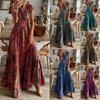 Women's Boho Floral Print Maxi Dress with Fitted Waist Vintage A-Line Swirl Skirt