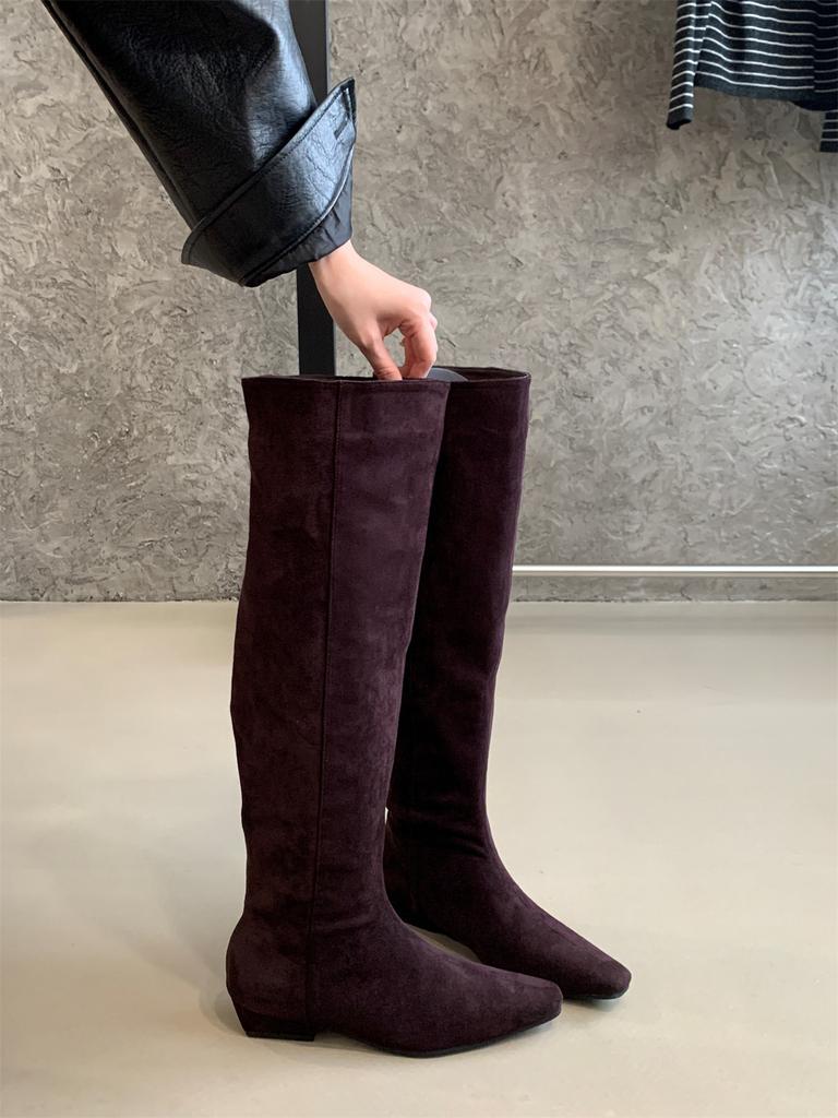 Suede Pile Boots Tall Knight Boots Women's Shoes 2025 Autumn and Winter Skinny Medium Heel Long Boots