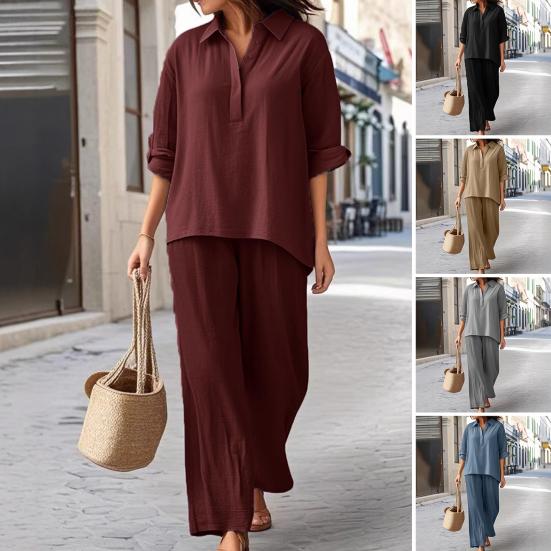 Women's Cotton Linen 2 Piece Set Casual Lapel V Neck Short Sleeve Top Wide Leg Pants Set Summer Loose Lounge Outfits