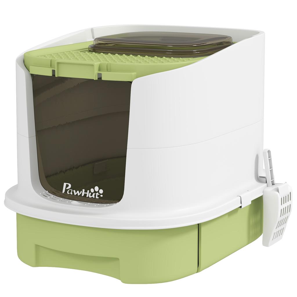 Enclosed Cat Litter Box with 2 Doors, Removable Tray, Scoop and Deodorant, in PP, 40.5x52.5x42.5 cm, Green