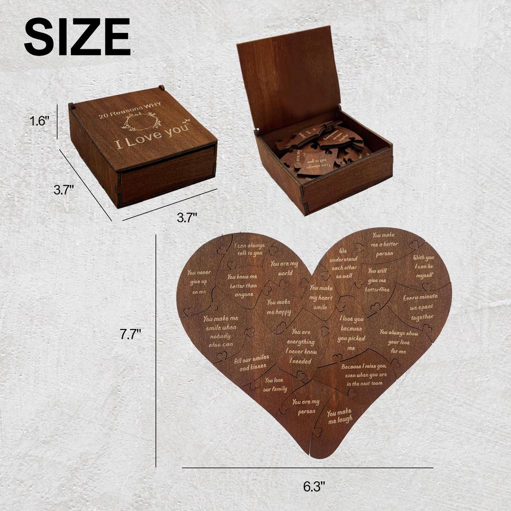 20 Reasons Why I Love You Heart Jigsaw Romantic Heart Wooden Jigsaw W/ Gift Box for Him Her Valentines Anniversary Wedding Gift