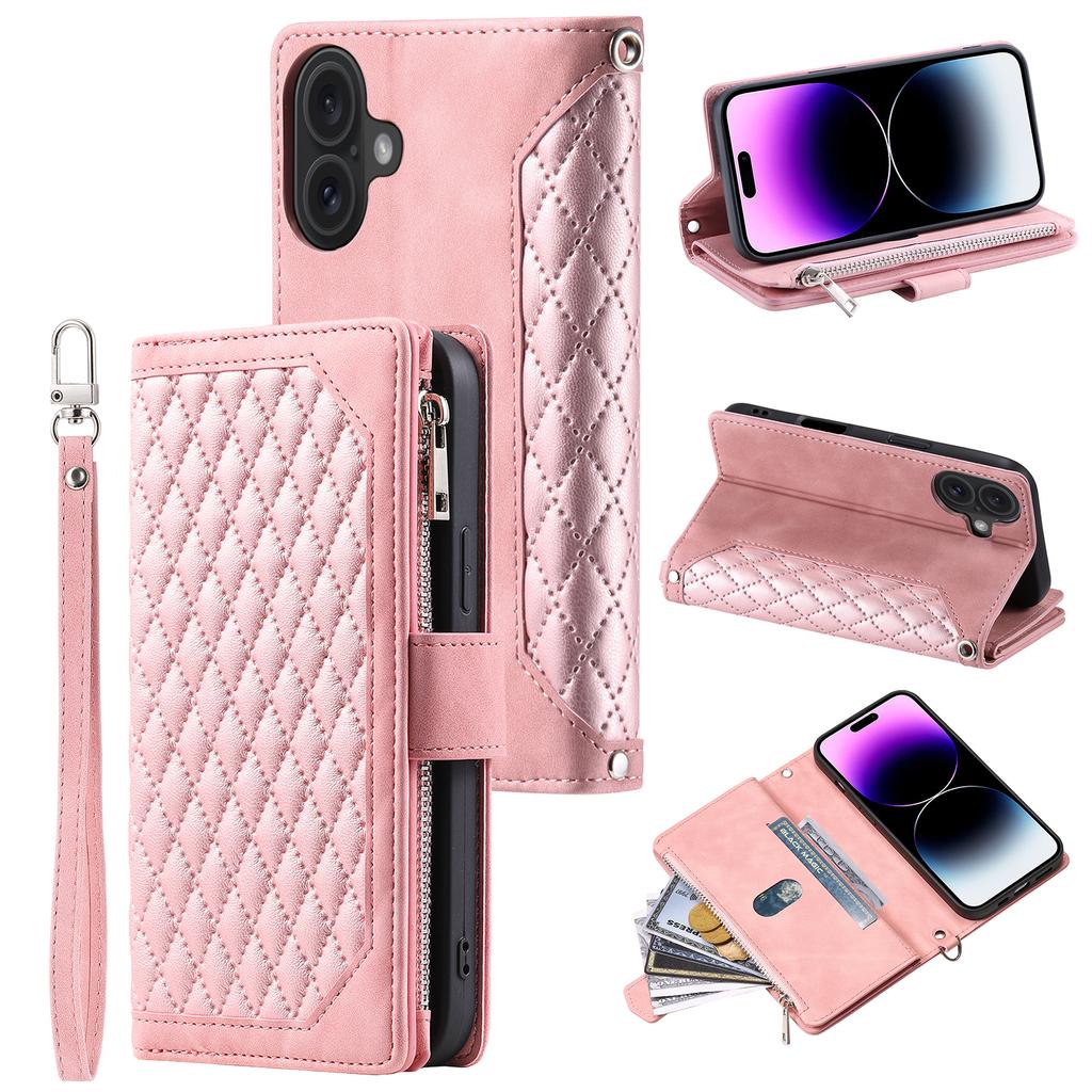 For iPhone 17 Wallet Case Rhombus Stitching Line PU Leather Phone Cover with Wrist Strap