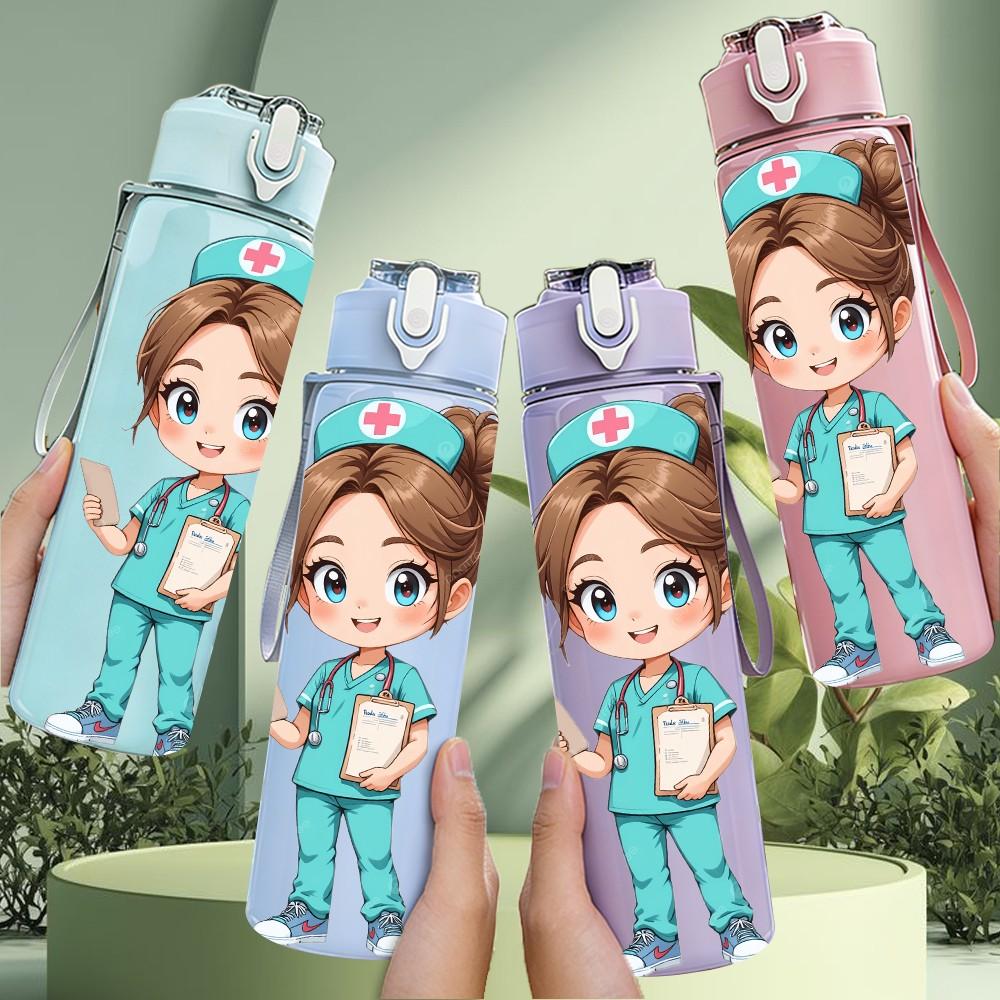 1PC Nurse Doctor Girl Character 750ml Color Plastic Sports Water Bottle Leakproof Flip Straw Lid Suitable for Sports Office Home Use