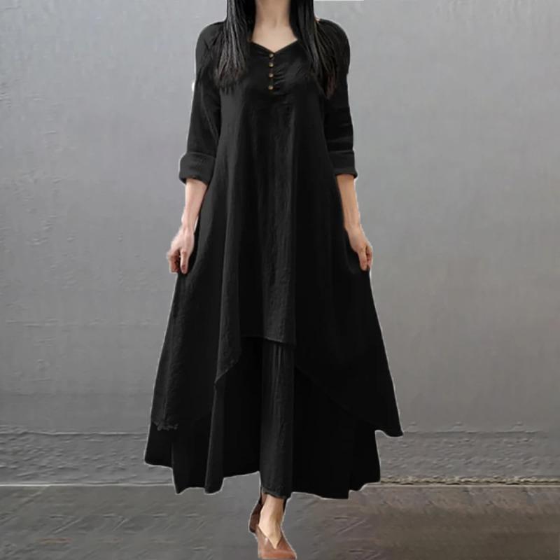 Винтажное летнее бохо миди платье женское элегантное однотонное многослойное платье с длинным рукавом модное свободное повседневное платье с V-образным вырезом Vestidos