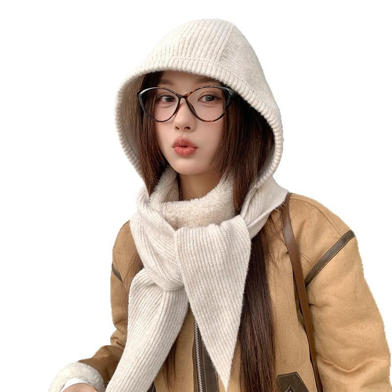 Red Balaclava for Women In Autumn and Winter Warm Ear Protection  Neck Scarf  Woolen Knitted Hat and Scarf All In One