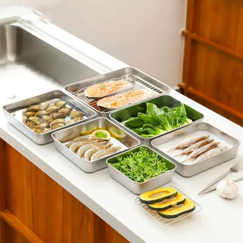 Stainless Steel Square Plate With Lid Rectangular Food Storage Pan Commercial Dish Tray Large Freshing Lunch Box Container