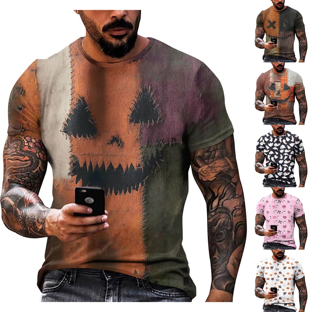 Halloween T Shirt Men's Casual Round Neck Blood Splatter Pattern Tops Horror Bloody Printed Short Sleeve Tops