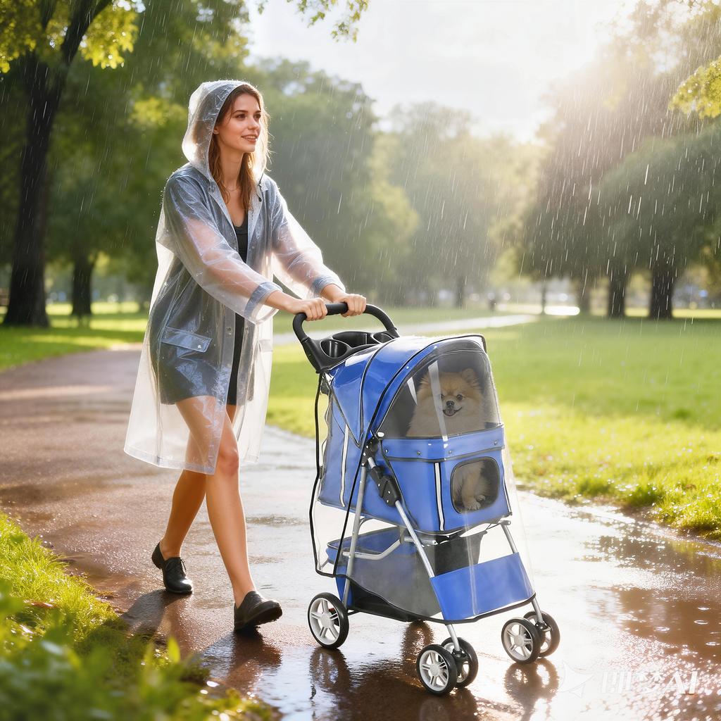 Folding Dog Stroller with Rain Cover, Swivel Wheels, and Washable Cushion, Blue