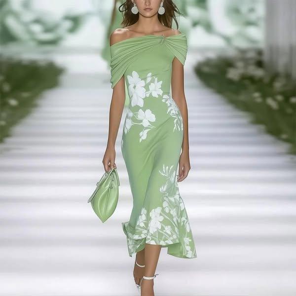 DAFIFY Women's Fashion Summer Spring Flower Pattern Print Short Sleeve One Shoulder High Waist Casual Dresses