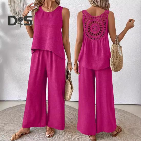 Женский комплект из двух предметов для отдыха, летний топ без рукавов с вырезом сзади и широкие брюки, повседневная одежда для отпуска и путешествий