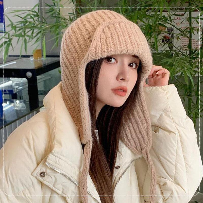 Японская вязаная шапка для защиты ушей, зимняя теплая, морозостойкая, летная шапка, однотонная шерстяная вязаная шапочка, корейская женская шапочка