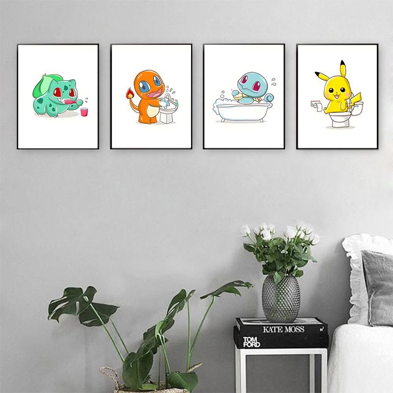 Pokemon Cartoon Funny Canvas Painting Pikachu Bulbasaur Anime Posters Mural Pictures Wall Art Bathroom Aesthetic Decor Cuadros