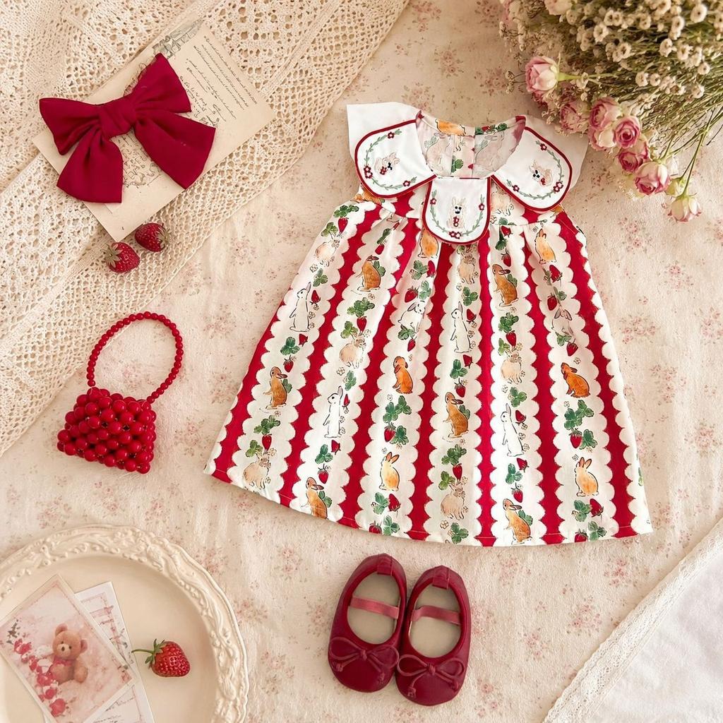 Girls Floral Collar Bunny Embroidered Dress with Cute Print for Toddlers and Kids