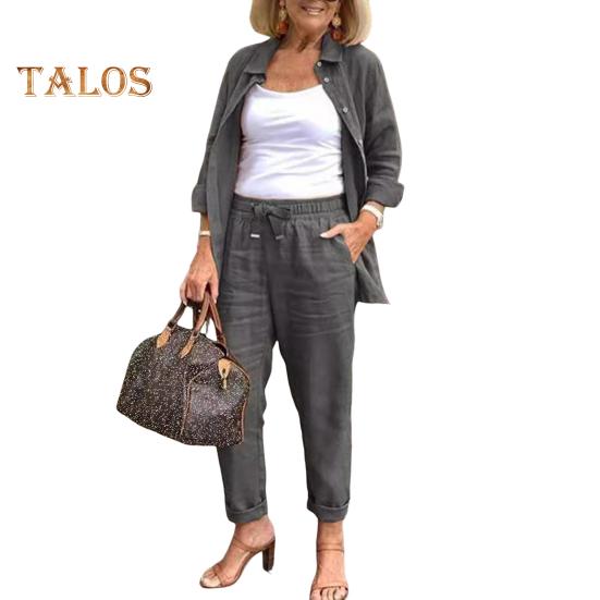 2 шт./компл., женская рубашка и брюки, комплект со свободными лацканами, однобортная блузка средней длины с длинными рукавами, высокая эластичная талия, широкие брюки, повседневная одежда