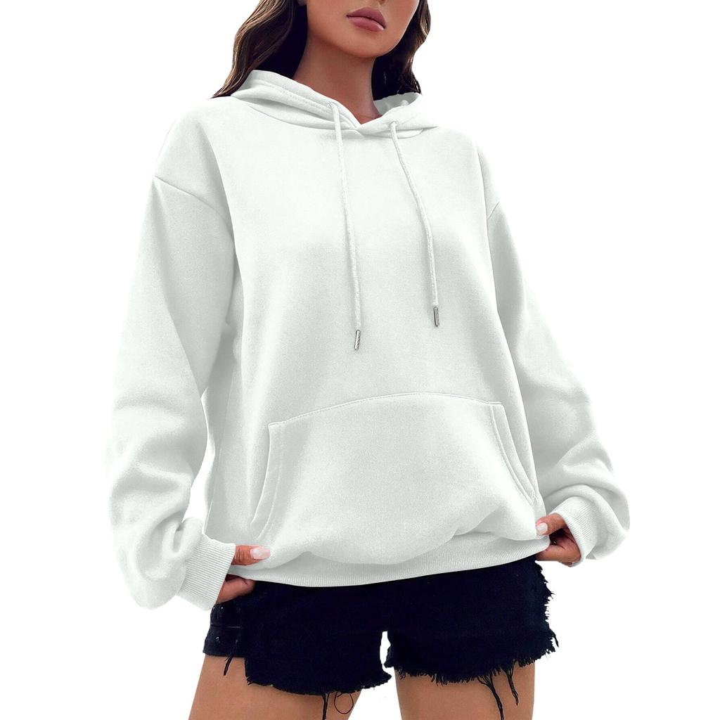 Женская модная осенне-зимняя однотонная свободная флисовая толстовка с длинным рукавом и капюшоном