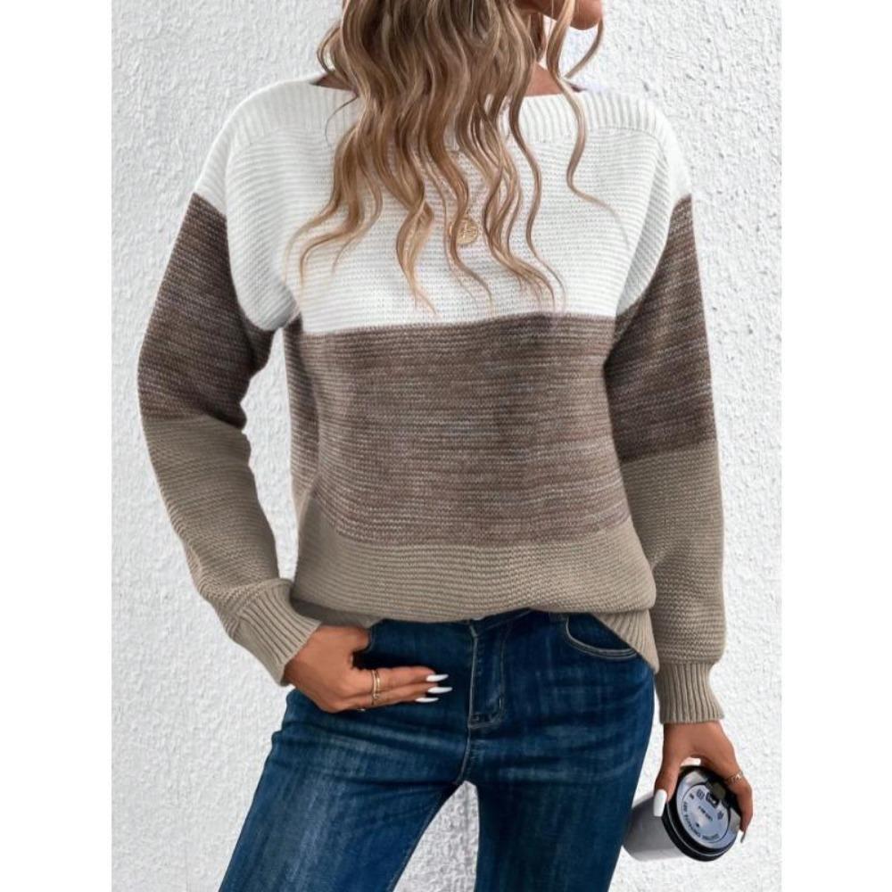 Elegant Three-color Patchwork Sweater Women Daily Commuter Casual Loose Jumpers Female Autumn Winter Knitted Thickened Warm Tops