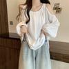 Hollow Out Shoulder Style Women's Top Summer Loose Round Neck Ladies Sun Protection Tee Korean Solid Color Fashionable Long Sleeve Top