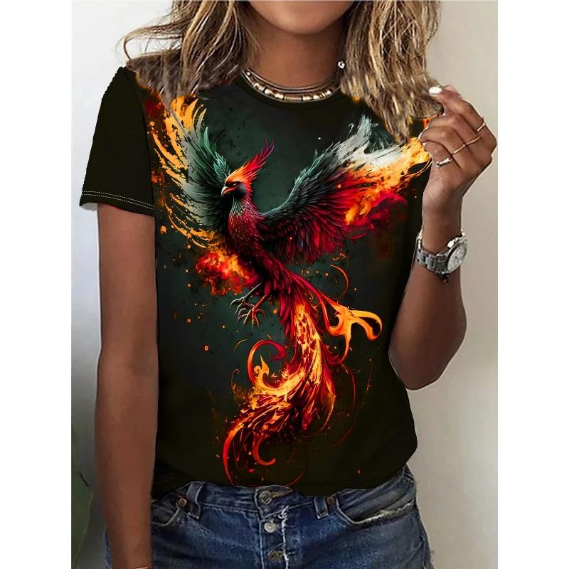 Summer Round Neck 3D Phoenix Dragon Pattern Printed Top Fashionable Casual Short Sleeved Women's T-shirt