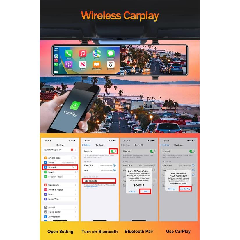 Aprilboy 12'' 4K Carplay&Android Auto Автомобильный видеорегистратор Зеркало заднего вида с камерой для видеорегистратора Камера заднего вида 1080P
