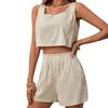 Женский комплект из двух предметов из хлопка и льна, укороченный топ без рукавов с открытой спиной и широкими шортами, летний повседневный наряд, подходящая домашняя одежда