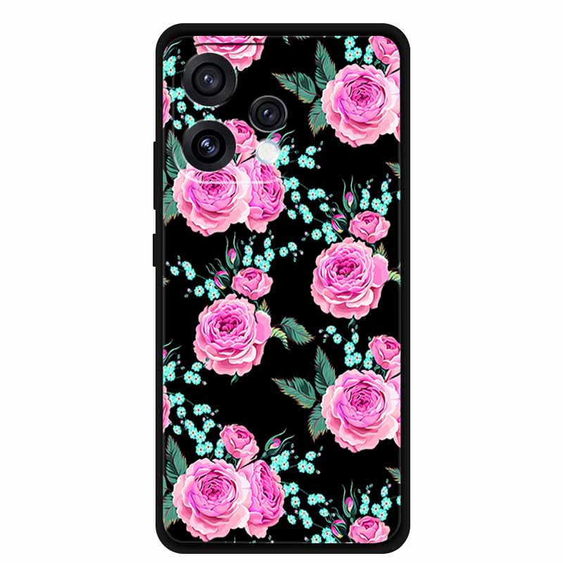 Чехол для Oppo Reno15 5G Цветочный Черный Силиконовый Мягкий Защитный Задний Чехол для Oppo Reno 15C 2025 Чехол для Телефона Coque Мультяшные Ракушки
