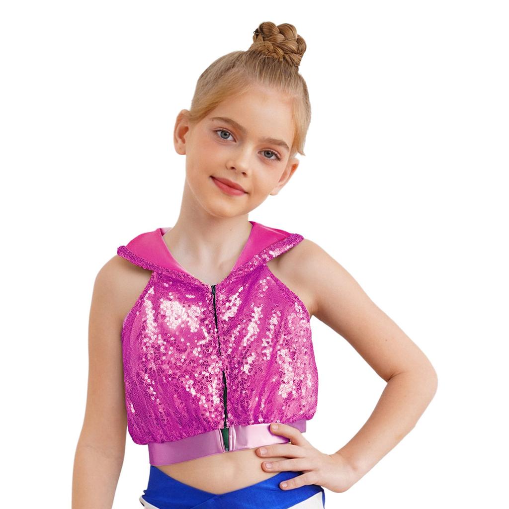 Sleeveless Backless Hooded Crop Top for Girls: Front Zipper Sparkling Sequins Dancewear for Hip-Hop Jazz Performance