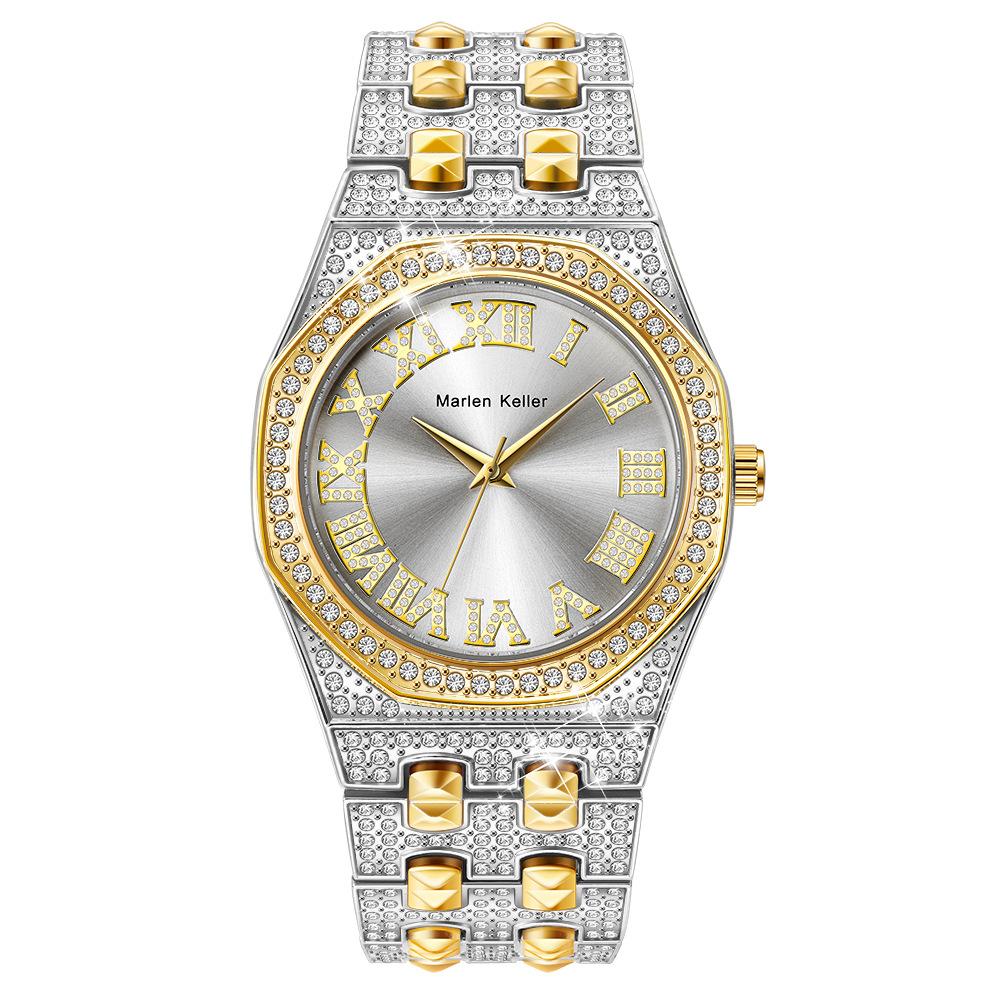 Men's Diamond Quartz Watch Waterproof Iced Out Wristwatch with Roman Numeral Dial, Gold/Silver Bling Hip Hop Watch for Men