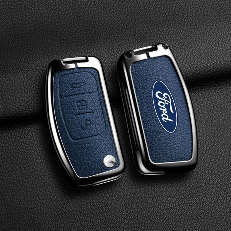 Car Sticker Hot For Ford Zinc Alloy Leather Car 3 Buttons Flip Key Case Cover Smart Remote Shell For Ford Fiesta Focus MK2 Monde