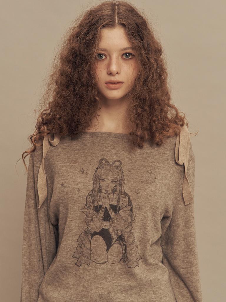 SETSETSET Water Lily Pattern Ribbon Knit Top Melange Beige