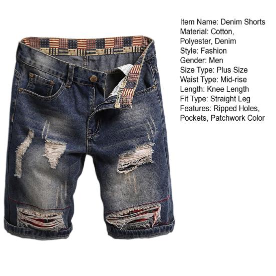 Мужские летние джинсовые шорты в стиле ретро со средней посадкой, рваные шорты с нашивками, прямые брюки с карманами, джинсовые шорты, уличная одежда