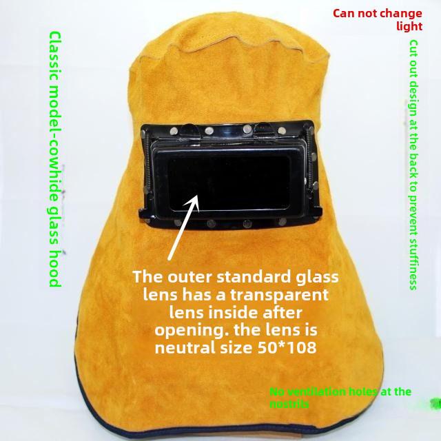 Dimming Weld Mask: Two-Layer Cowhide Protective Hood with Glass Cap