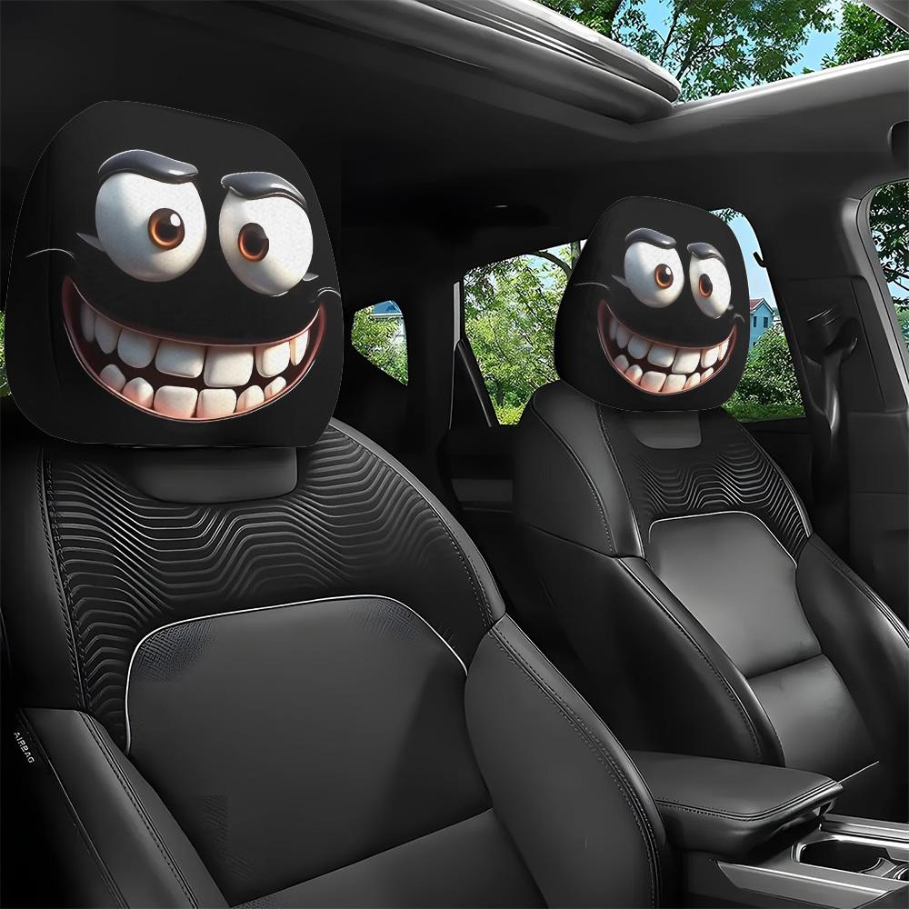 2pcs Set of Funny Big-Eyed Grinning Cartoon Print Car Seat Headrest Covers, Car Headrest Covers for Funny Car Interior Accessories