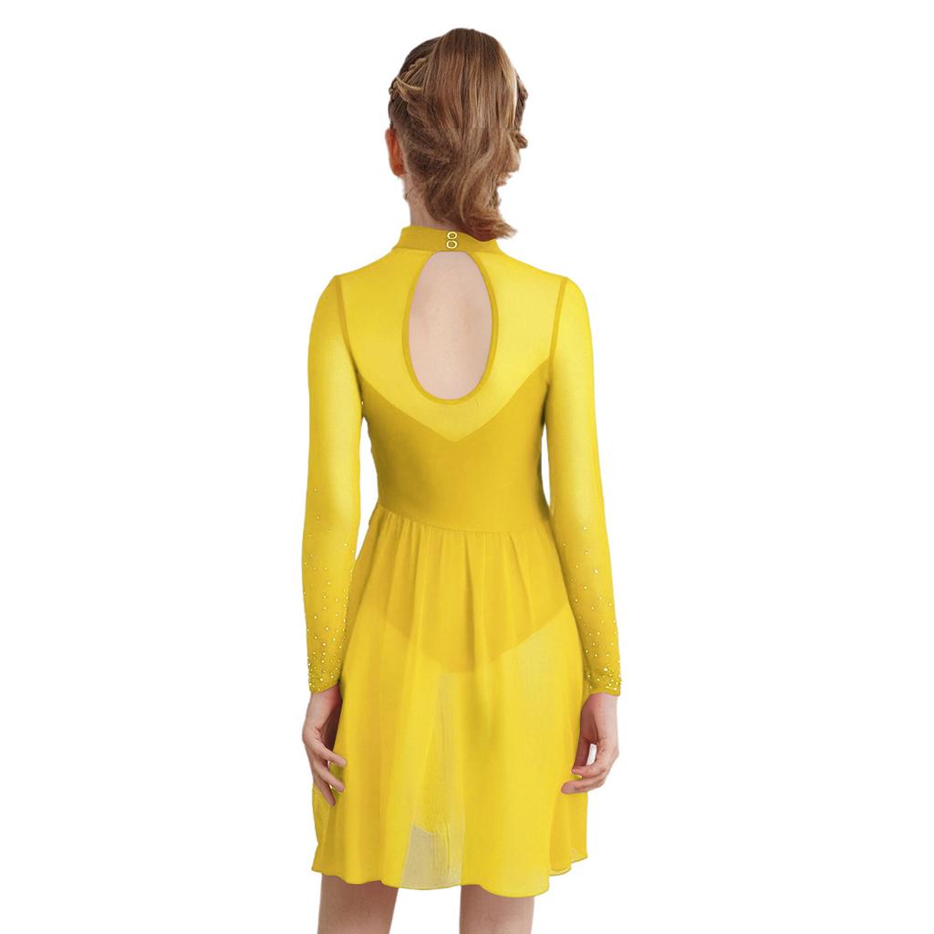 Платье для фигурного катания для девочек, сетчатые длинные рукава, воротник-стойка, вырез-капелька сзади, блестящие стразы, асимметричный подол, трико