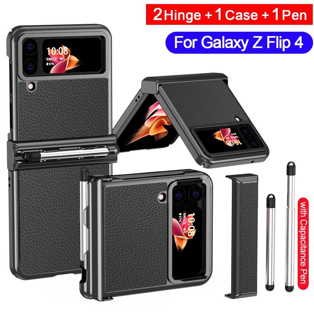 Чехол для телефона с сенсорным пером, 2 шт., чехол на петлях для Samsung Galaxy Z Flip 4 Flip4 5g, чехол для ручки с прорезями, кожаная задняя крышка, капа