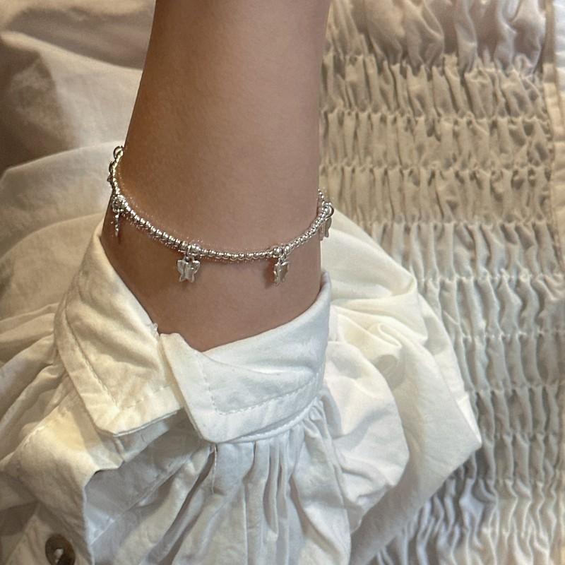 Handmade 925 Sterling Silver Round Bead Butterfly Charm Bracelets Fine Jewelry for Women